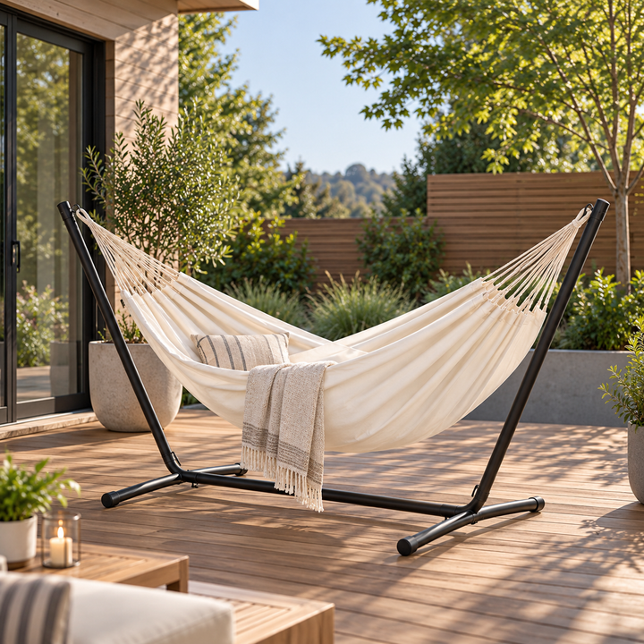 LA SIESTA Brisa Vanilla double hammock on a black steel stand on a wooden deck (stand sold separately)