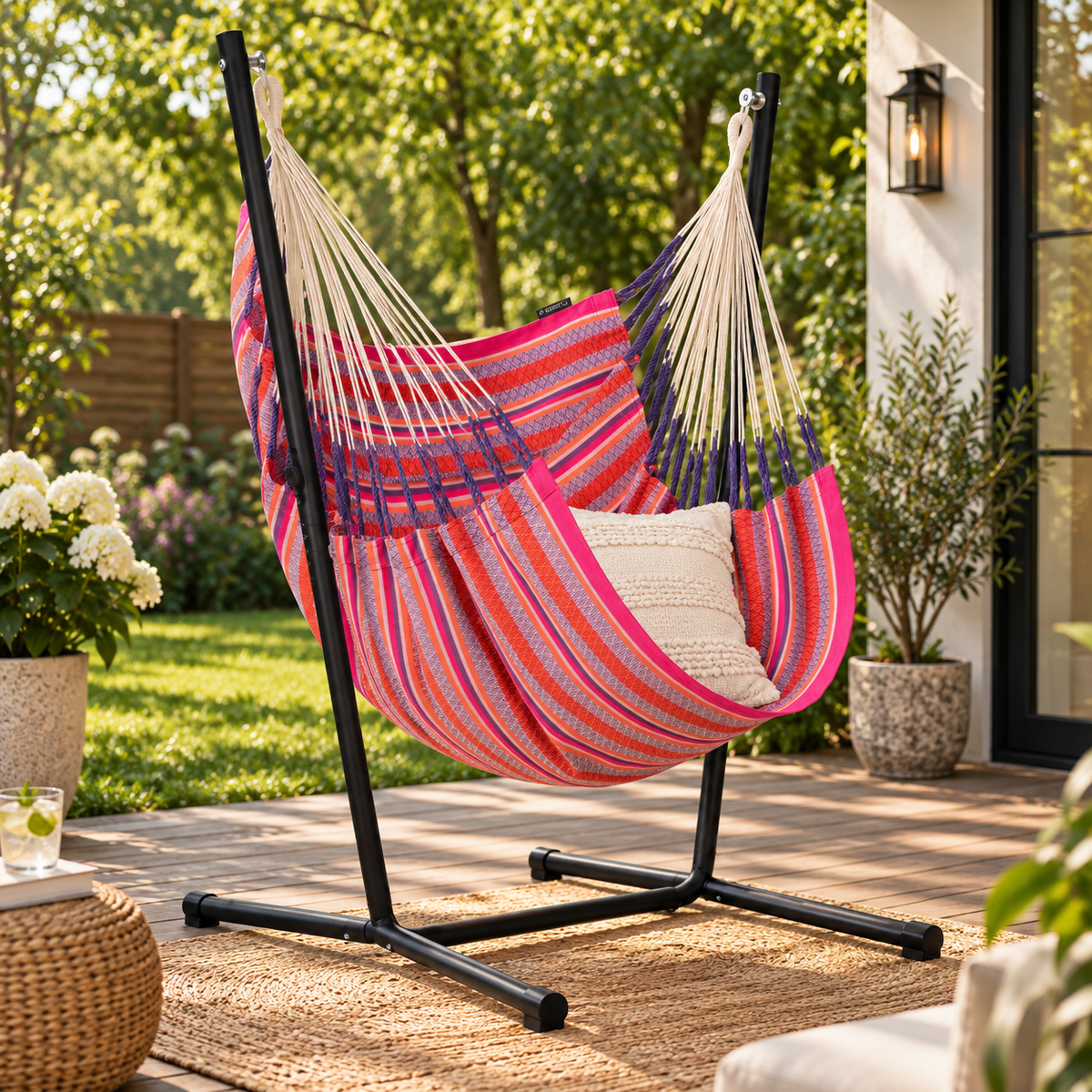 LA SIESTA Cumbia Organic Flamingo king size hammock chair on a black stand on a patio (stand sold separately)