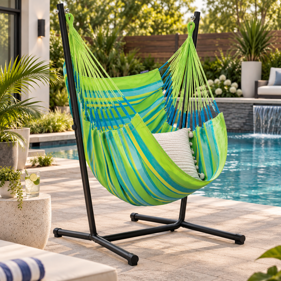 LA SIESTA Cumbia Outdoor Lime king size hammock chair on a black stand by a pool (stand sold separately)