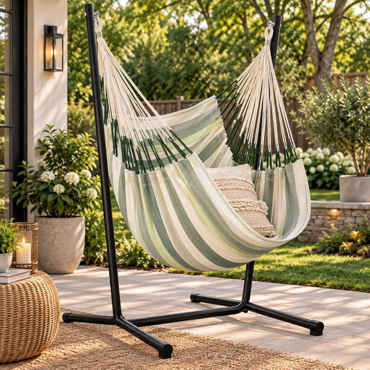 LA SIESTA Cumbia Outdoor Cedar hammock chair on a black stand on a patio (stand sold separately)