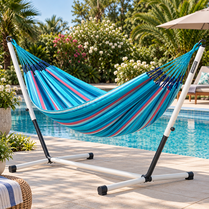 LA SIESTA Brisa Wave double hammock on a Nautico Cool Grey stand beside a pool