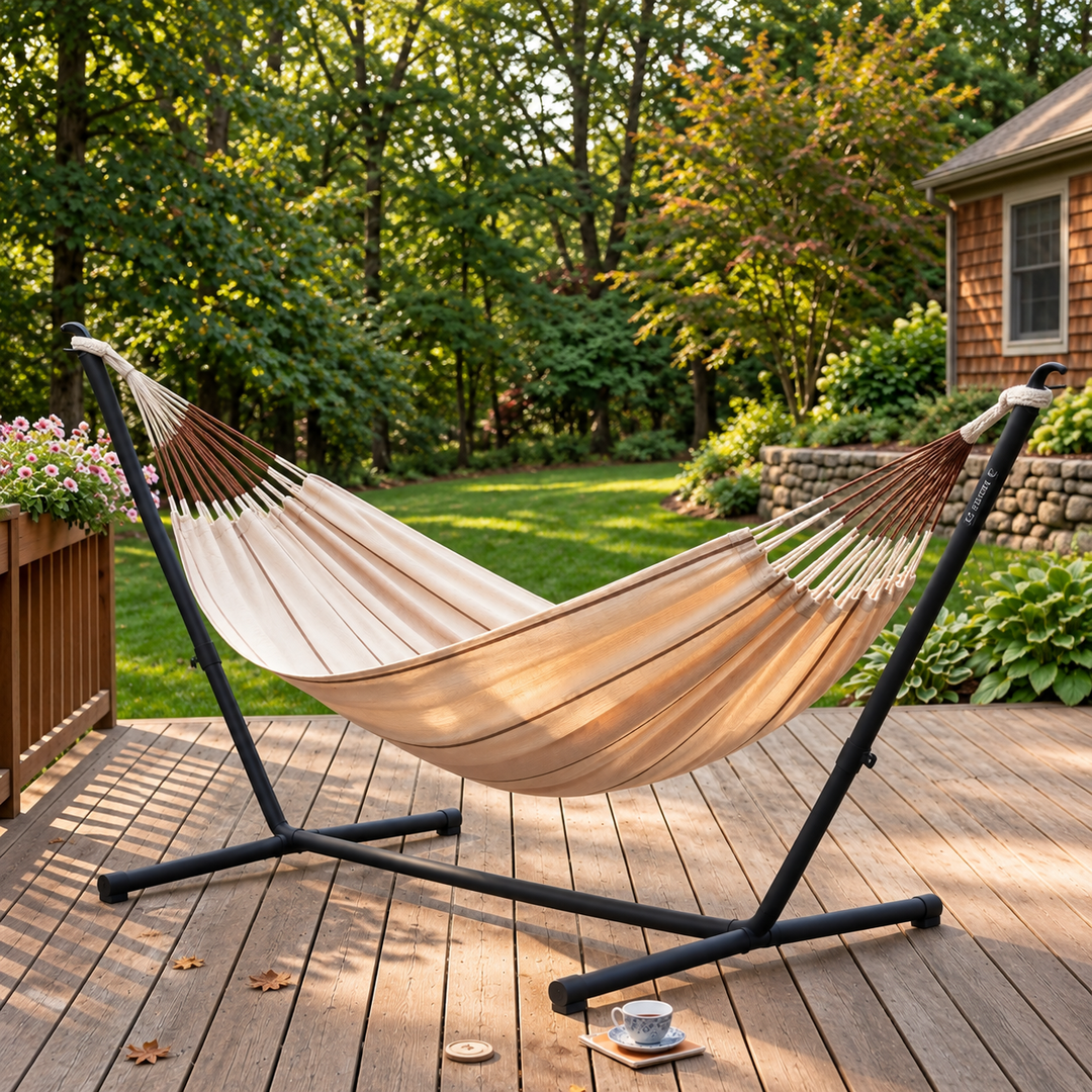 Beige LA SIESTA Modesta Nougat hammock on a black Nautico stand on a wooden deck