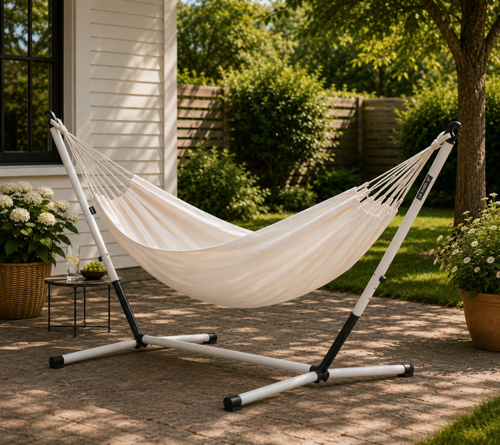 Nautico Cool Grey Outdoor Vanilla - Weather-Resistant Double Hammock with Powder Coated Steel Stand