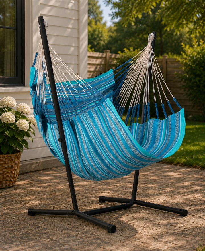 Fiji Organic Azure – Organic Cotton Comfort Size Hammock Chair with Galvanized Steel Stand