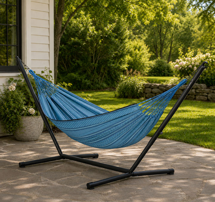 Nautico Anthracite Colombia Blue Zebra - Organic Cotton Kingsize Hammock with Powder Coated Steel Stand