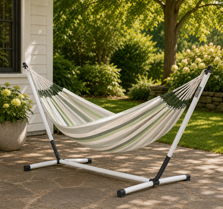 Nautico Cool Grey Outdoor Cedar -  Weather-Resistant Kingsize Hammock with Powder Coated Steel Stand