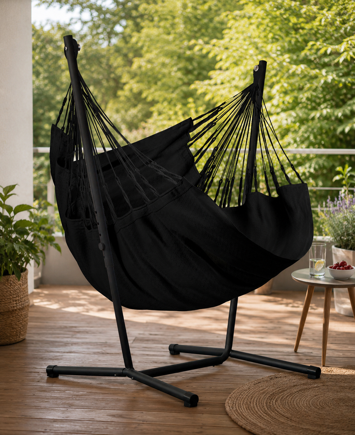 Fiji Organic Onyx – Organic Cotton Comfort Size Hammock Chair with Galvanized Steel Stand
