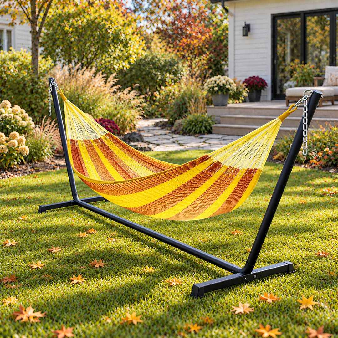 Sunset Tequila Family Mayan hammock with black 15-foot stand