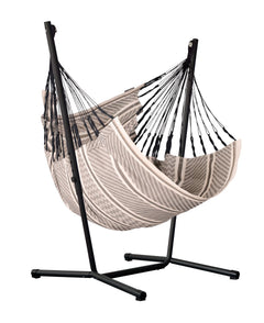 Fiji Organic Zebra hammock chair on a black Fiji Anthracite steel stand, white background
