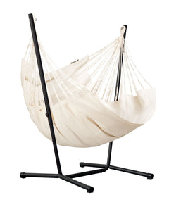 Fiji Organic Latte hammock chair on a black Fiji Anthracite steel stand, white background