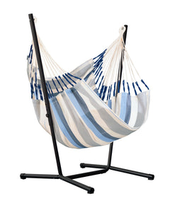 Fiji Outdoor Sea Salt hammock chair on a black Fiji Anthracite steel stand, white background