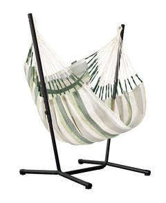Fiji Outdoor Cedar hammock chair on a black Fiji Anthracite steel stand, white background