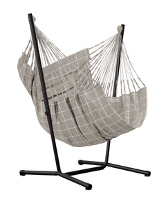 Fiji Outdoor Almond hammock chair on a black Fiji Anthracite steel stand, white background