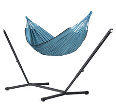 Flora Blue Zebra kingsize hammock on a black Nautico Anthracite steel stand, white background