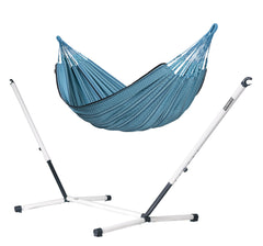 Flora Blue Zebra kingsize hammock on a white and grey Nautico steel stand, white background