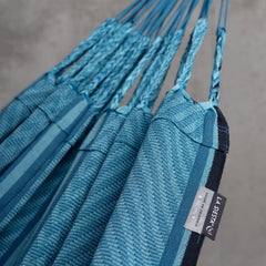Suspension cords and LA SIESTA label on the Flora Blue Zebra hammock