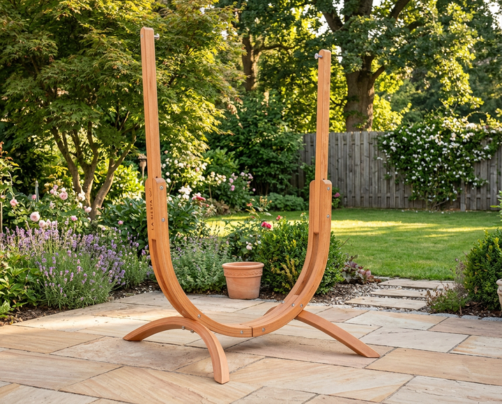 LA SIESTA Udine FSC-certified eucalyptus hammock chair stand on a garden patio