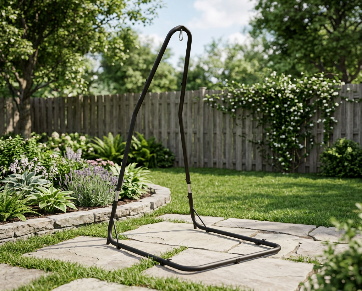 Black LA SIESTA Amura Anthracite hammock chair stand on a garden patio