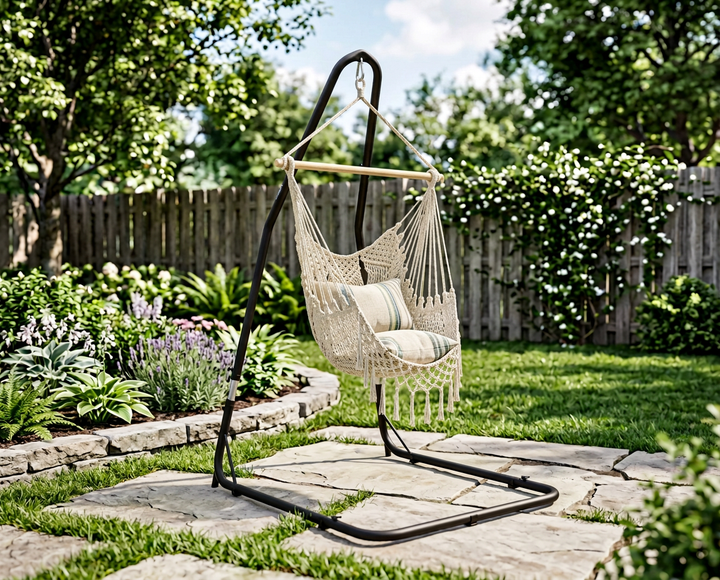 Cream hammock chair hanging from the black Amura stand on a garden patio (chair sold separately)