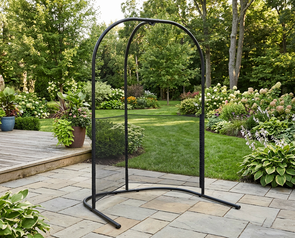 Black LA SIESTA Arcada double-arch hammock chair stand on a garden patio