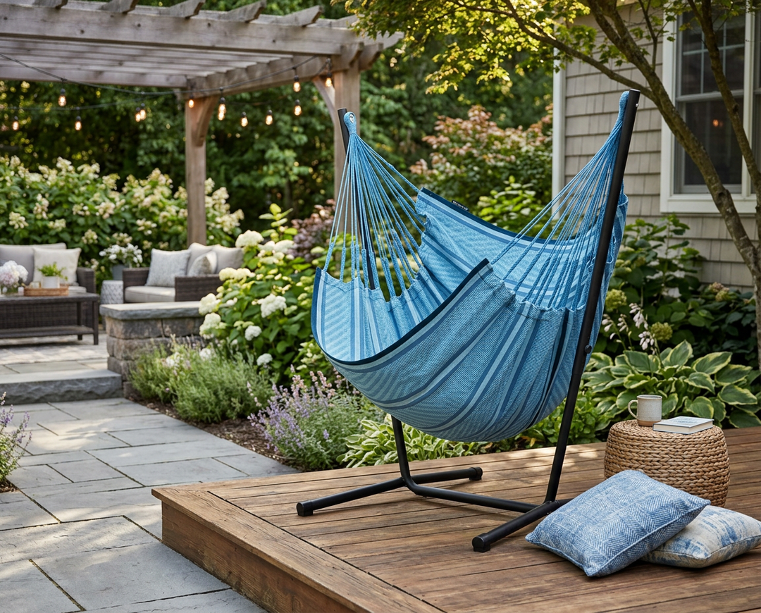 Fiji Organic Blue Zebra – Organic Cotton Comfort Size Hammock Chair with Galvanized Steel Stand
