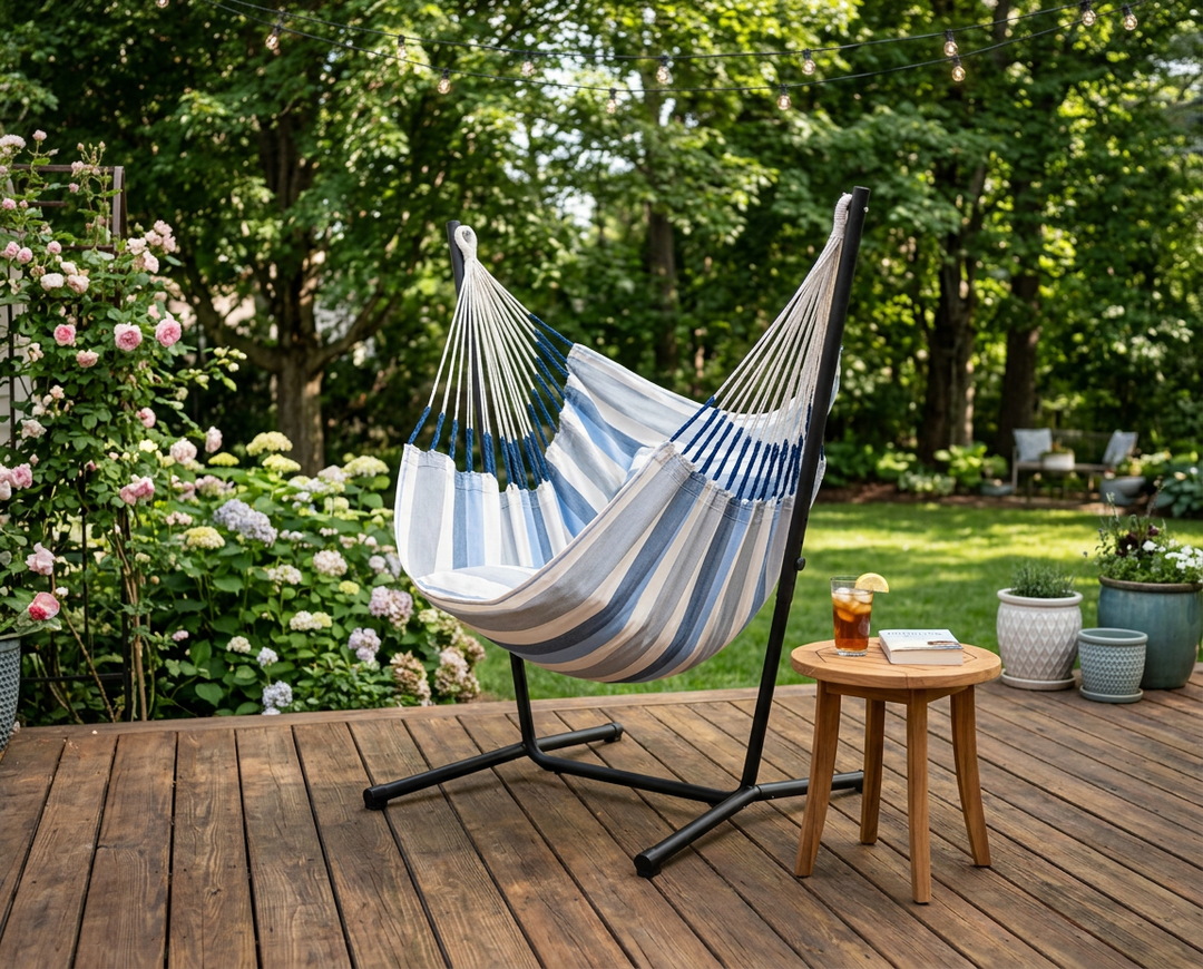 Fiji Outdoor Sea Salt – Weather-Resistant Comfort Size Hammock Chair with Galvanized Steel Stand