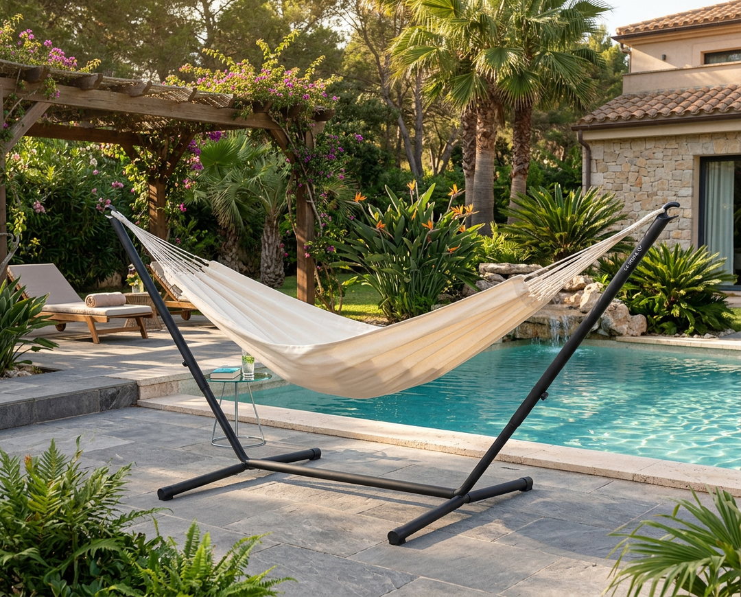 Cream LA SIESTA Brisa Vanilla hammock on a black Nautico stand beside a pool