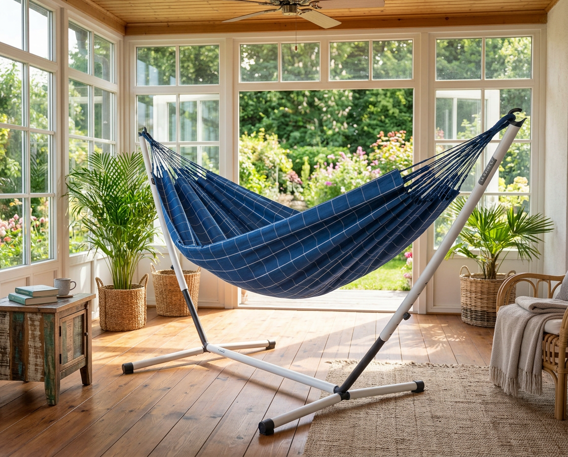 LA SIESTA Brisa Marine double hammock on a Nautico Cool Grey stand in a sunroom