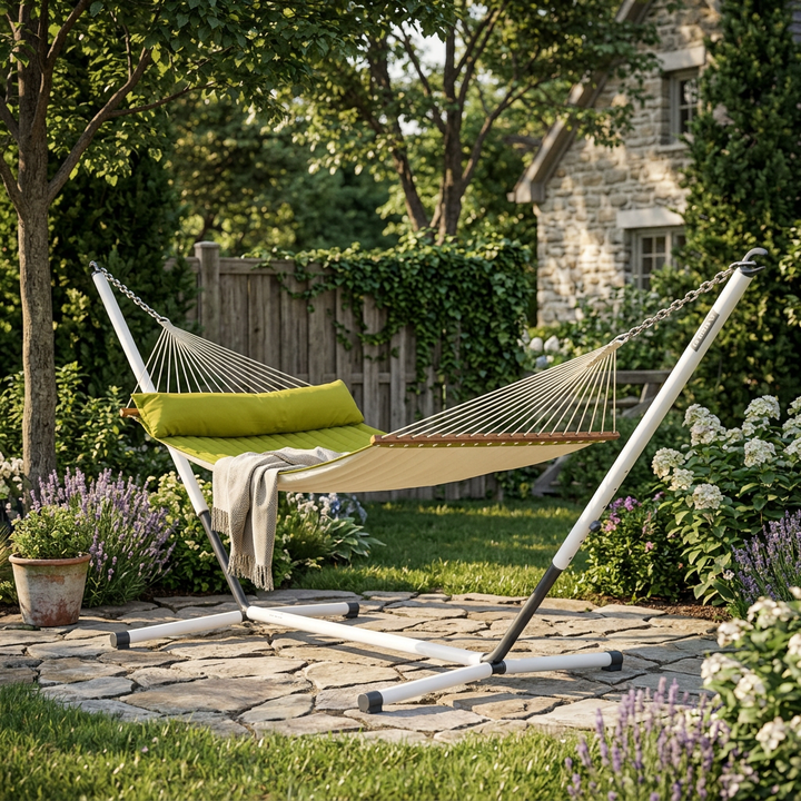 Alabama Kingsize Hammock with Nautico Stand in Cool Grey – Padded Avocado Spreader Bar Hammock with Powder Coated Steel Stand