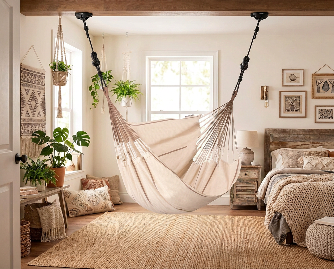 LA SIESTA Cumbia Organic Nougat king size hammock chair hanging in a bright bedroom