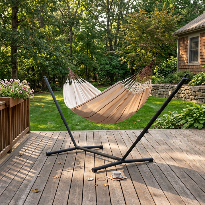 Modesta Nougat Organic Cotton Double Hammock with Nautico Anthracite Stand