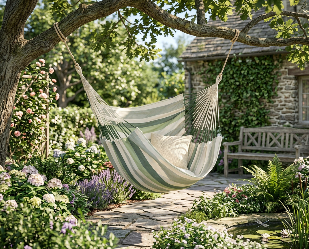 LA SIESTA Cumbia Outdoor Cedar king size hammock chair hanging from a tree in a garden
