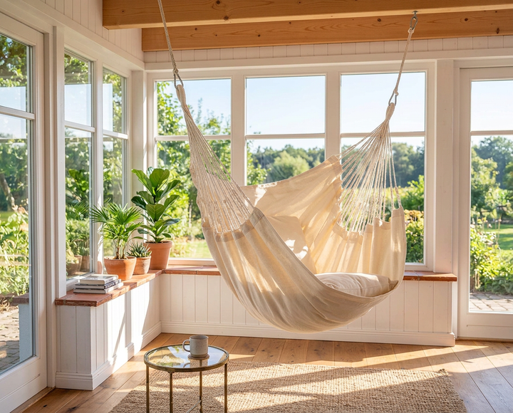 LA SIESTA Cumbia Organic Latte king size hammock chair hanging in a bright sunroom