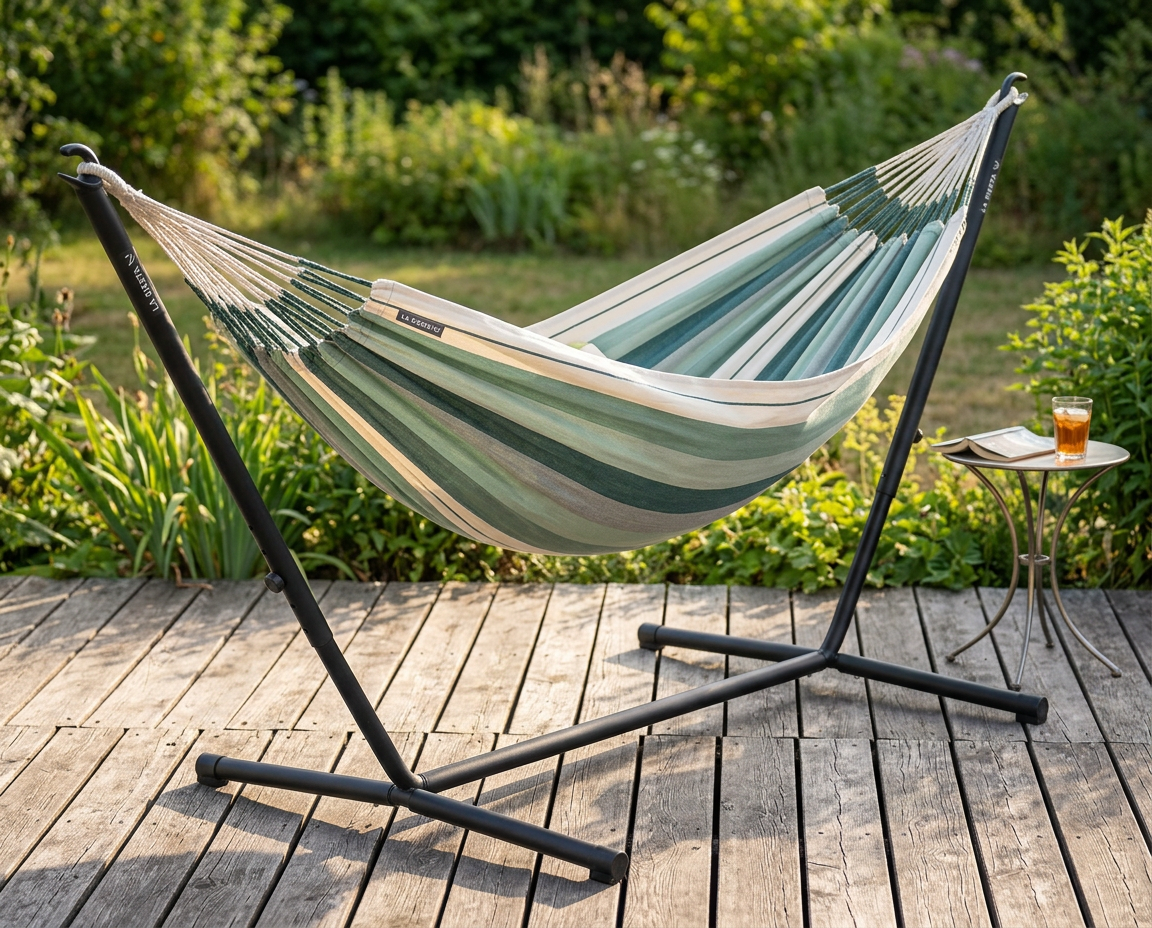 Green and cream LA SIESTA Modesta Olive hammock on a black Nautico stand on a garden deck