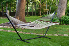 Island Escape Classic Open-Weave Rope Hammock with 15ft Steel Stand - Cream