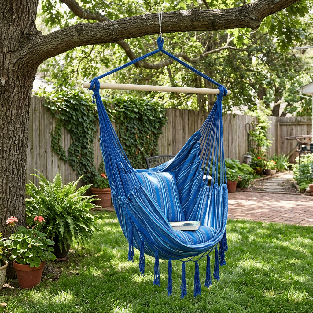 Cushioned Hanging Hammock Chair – Cornflower Stripes