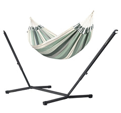 Modesta Olive double hammock on a black Nautico Anthracite steel stand, white background