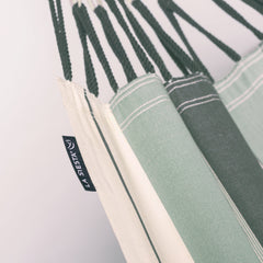 Olive green and cream striped fabric with LA SIESTA label on the Modesta hammock
