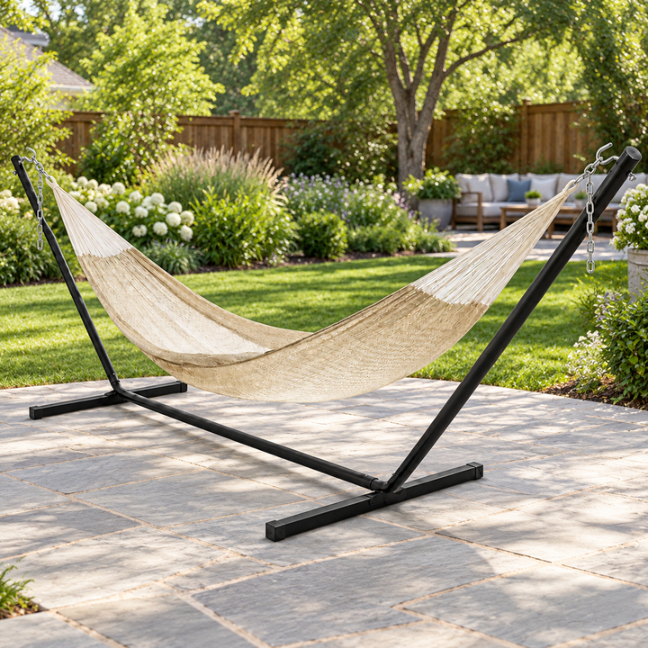 Sundrifter Handwoven Cotton Double Mayan Hammock with 15-ft Steel Stand, 400 lb Capacity