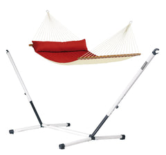 Red Alabama padded spreader bar hammock on a white and grey Nautico steel stand, white background