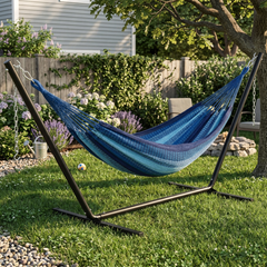 Blue Family Mayan hammock with black 15-foot stand