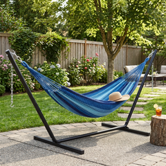 Blue Double Mayan hammock with black 15-foot stand