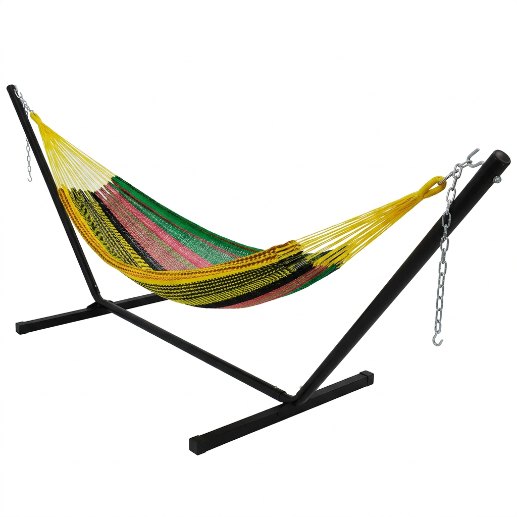 Multicolor Double Mayan hammock with black 15-foot stand