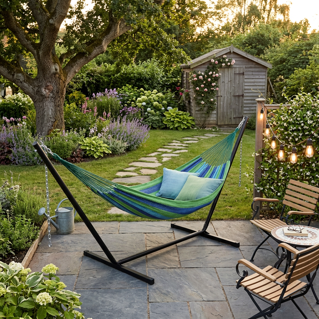 Ocean Family Mayan hammock with black 15-foot stand