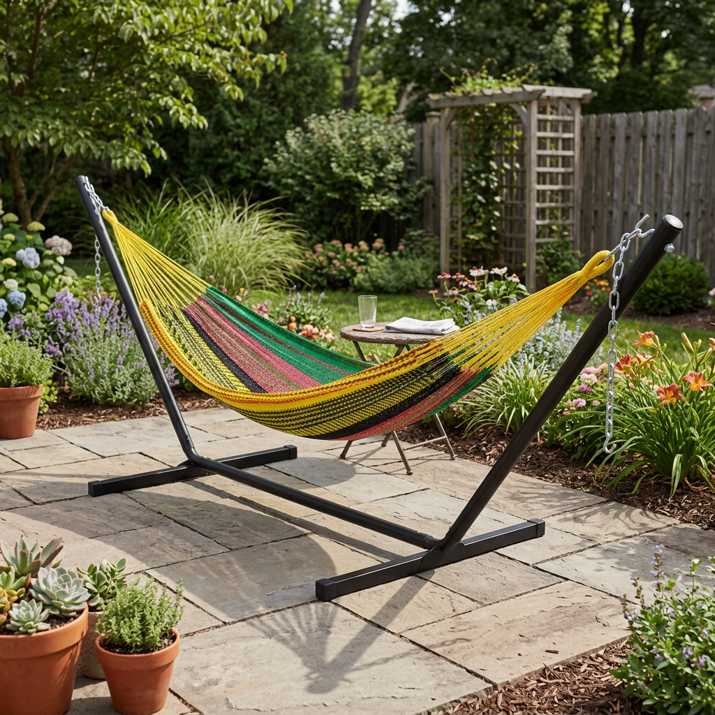 Multicolor Double Mayan hammock with black 15-foot stand