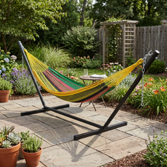 Multicolor Double Mayan hammock with black 15-foot stand