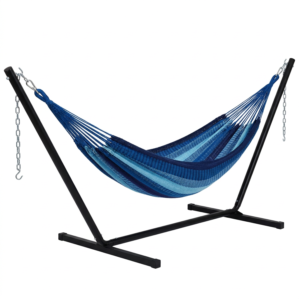 Blue Double Mayan hammock with black 15-foot stand