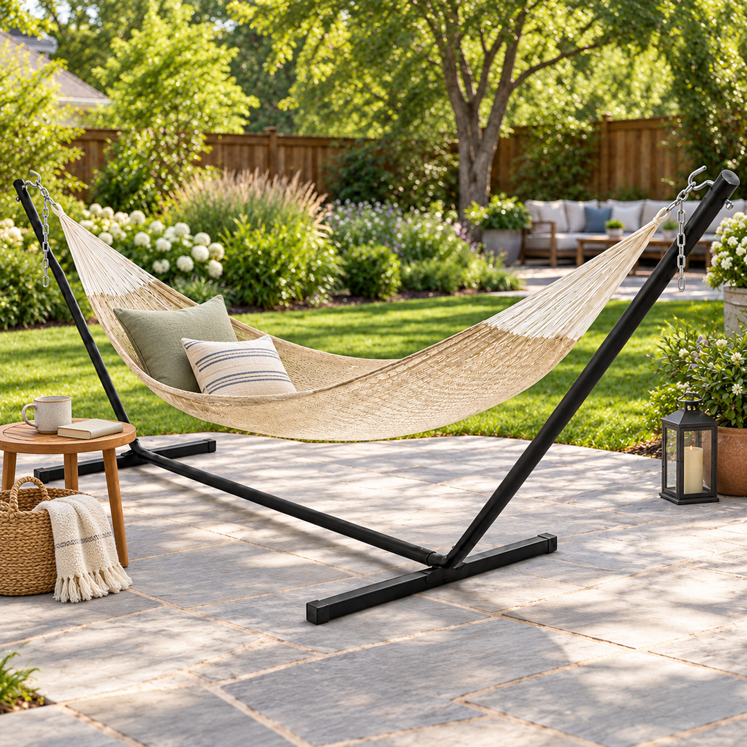 Sundrifter Handwoven Cotton Double Mayan Hammock with 15-ft Steel Stand, 400 lb Capacity
