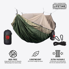 Skeeter Beeter Pro Single Camping Hammock with Built-In Bug Net – Olive/Khaki