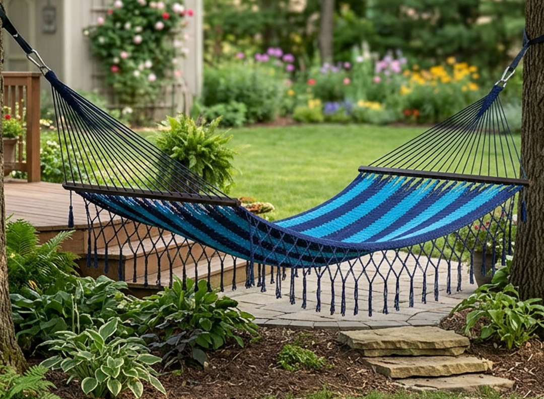 Deluxe American Style Mayan 2-Person Hammock with Spreader Bars  - Blue